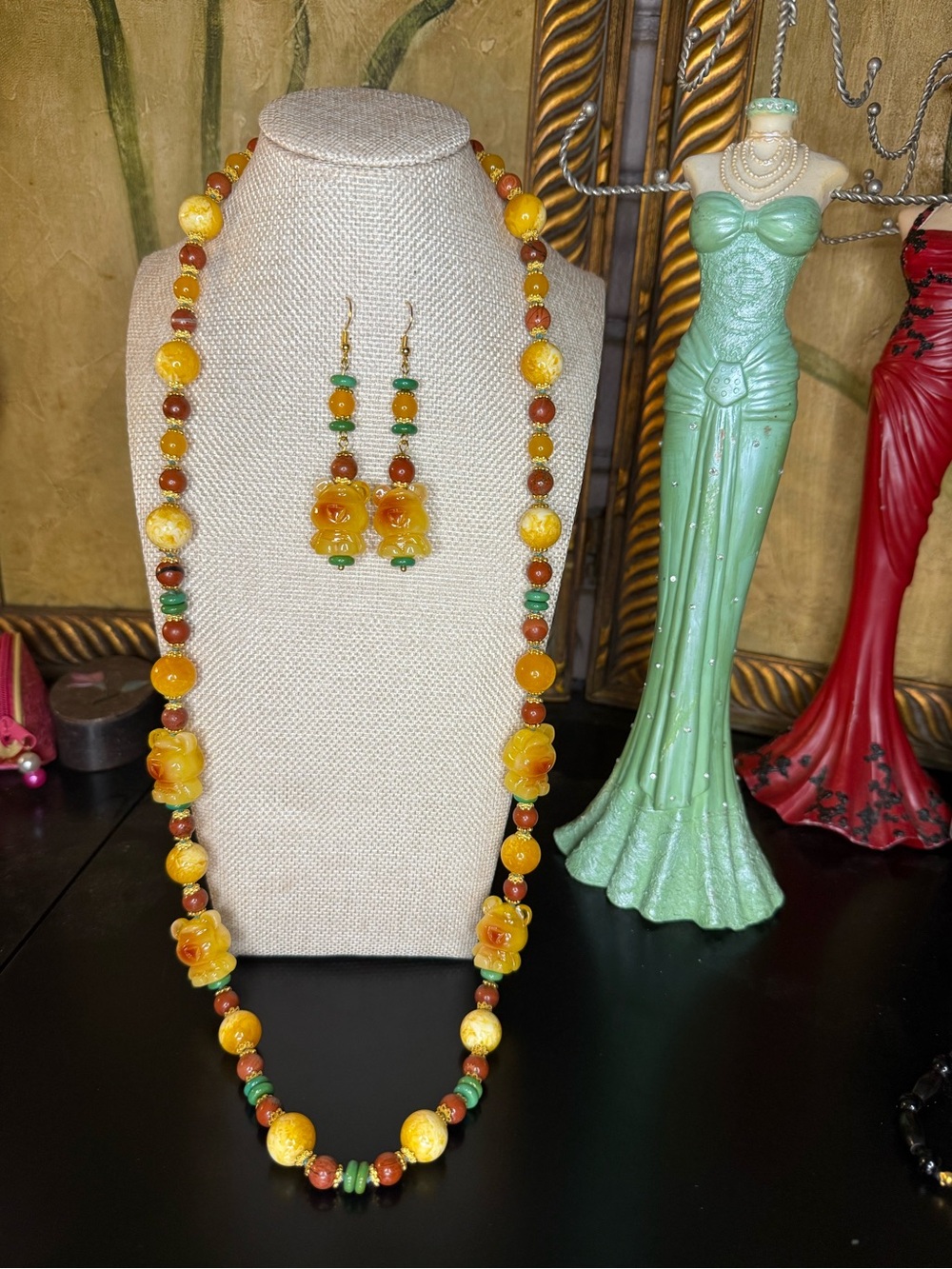 Handmade Amber Teddy Bears and Red Jasper Necklace and Earrings Set